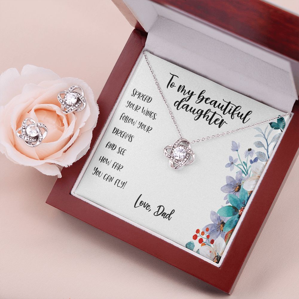 To My Beautiful Daughter, Spread Your Wings, Follow Your Dreams Message Card, Earrings and Necklace, From Dad