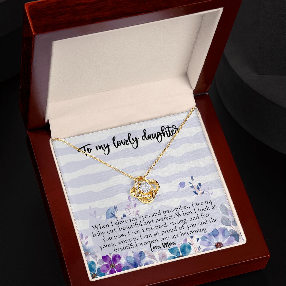To My Lovely Daughter From Mom, Proud of You Gift, Silver Love Knot Necklace, 14K White Gold with Message Card, Proud of Daughter Gift