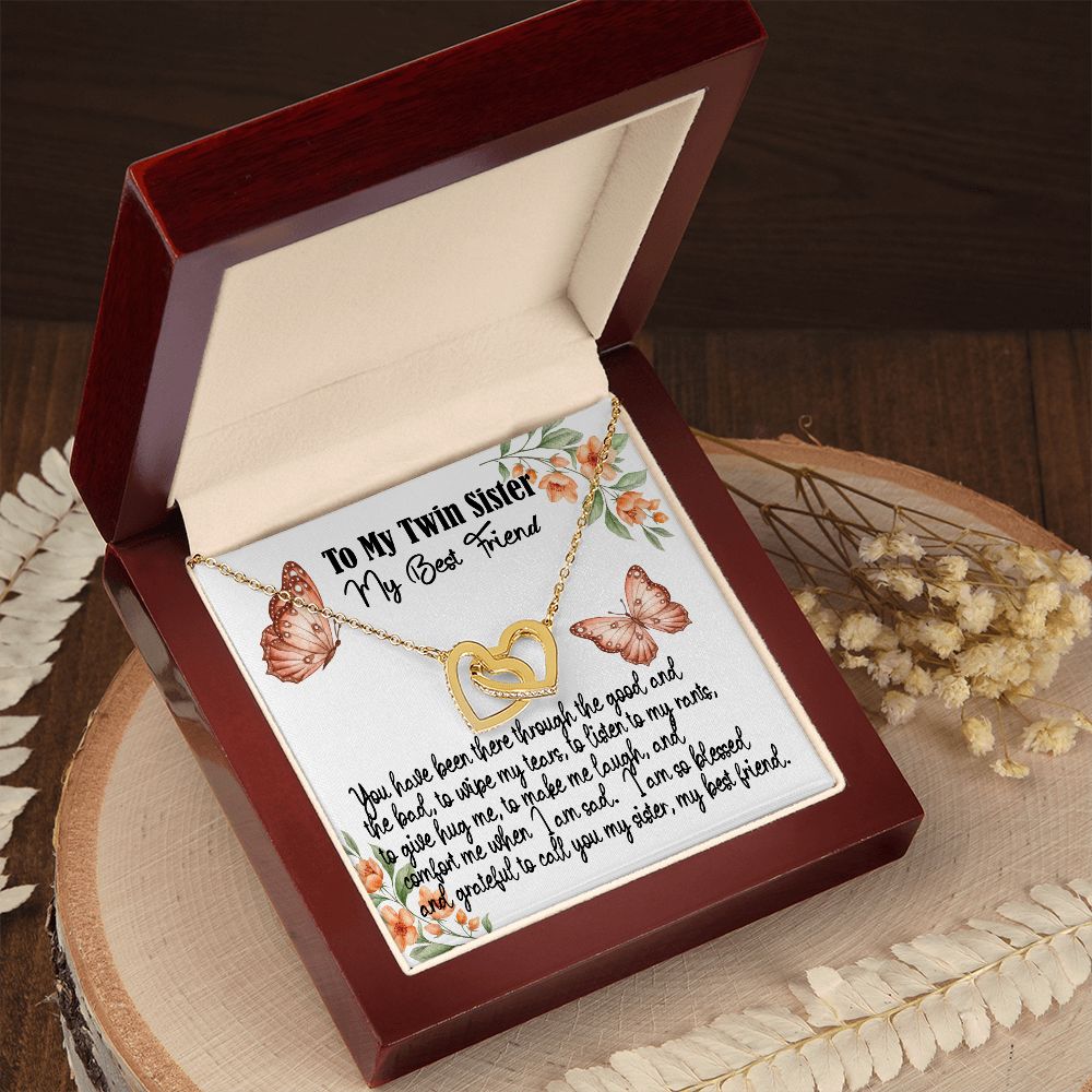 To My Twin Sister, I am so Blessed and Grateful, Interlocking Hearts, Rose Gold & Stainless Steel or Yellow Gold Finish Necklace With Message Card, Birthday Gift, Meaningful Gift For Sister With Message Card