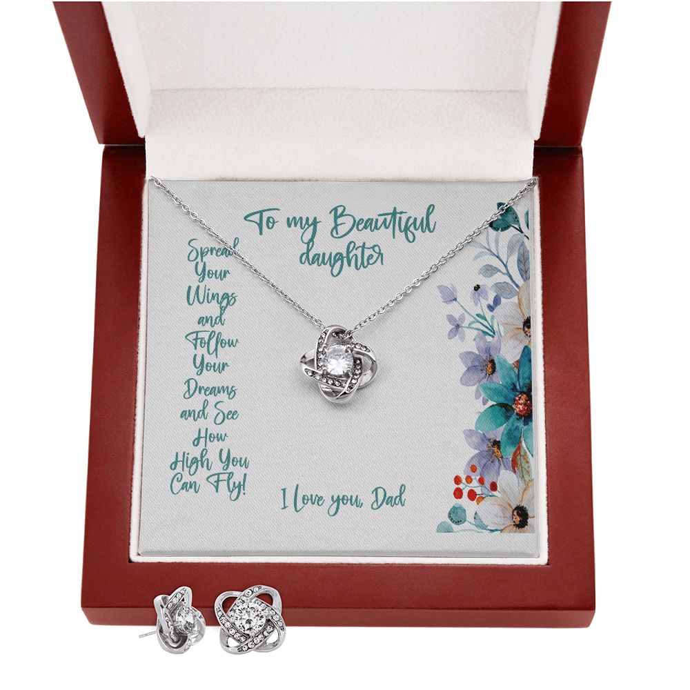 To My Beautiful Daughter, I am So Proud of You Gift, Love Knot Earrings and Necklace, Spread Your Wings Follow Your Dreams with Message Card