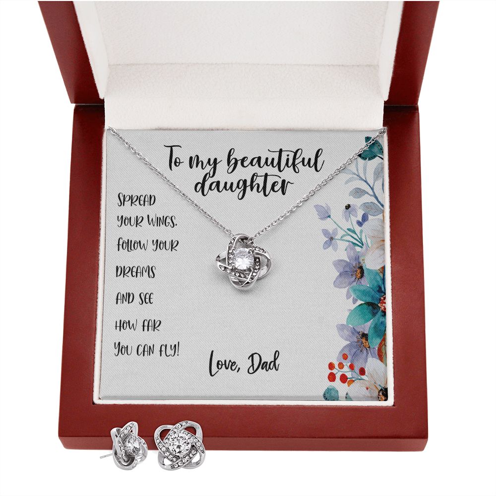 To My Beautiful Daughter, Spread Your Wings, Follow Your Dreams Message Card, Earrings and Necklace, From Dad