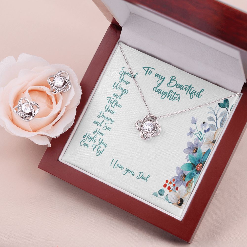 To My Beautiful Daughter, I am So Proud of You Gift, Love Knot Earrings and Necklace, Spread Your Wings Follow Your Dreams with Message Card