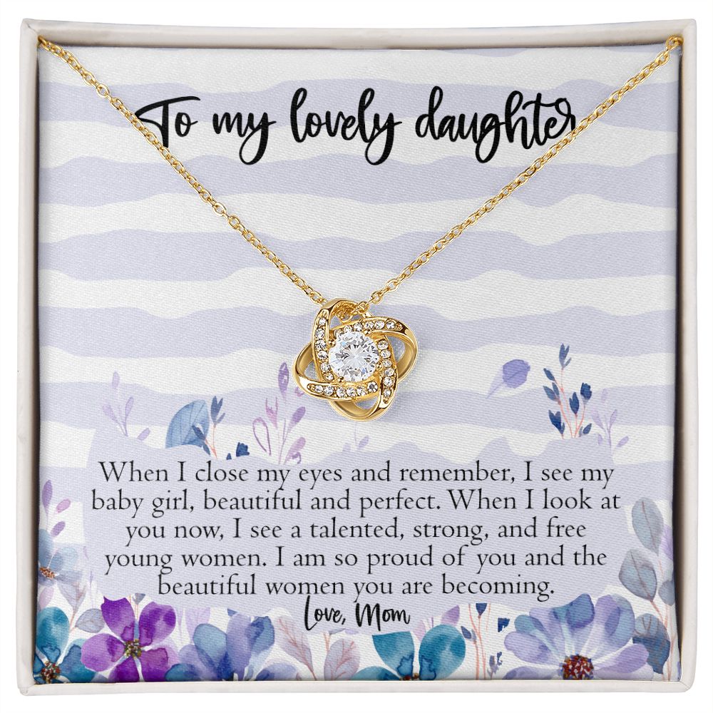 To My Lovely Daughter From Mom, Proud of You Gift, Silver Love Knot Necklace, 14K White Gold with Message Card, Proud of Daughter Gift