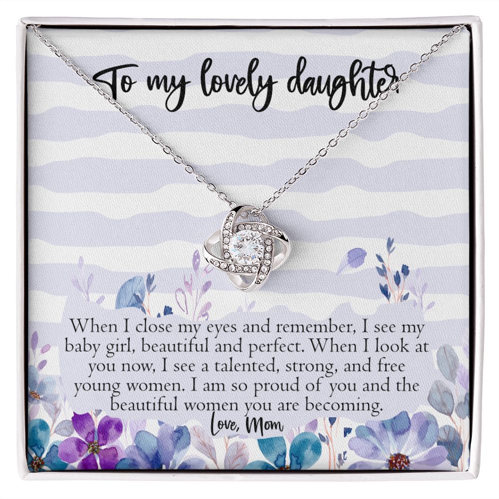 To My Lovely Daughter From Mom, Proud of You Gift, Silver Love Knot Necklace, 14K White Gold with Message Card, Proud of Daughter Gift