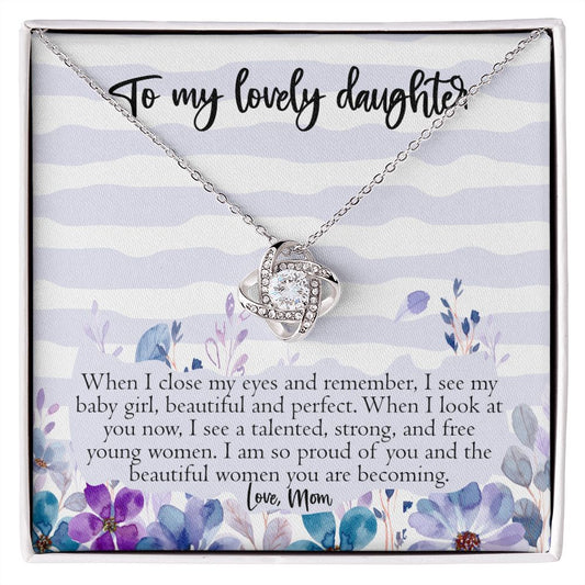 To My Lovely Daughter From Mom, Proud of You Gift, Silver Love Knot Necklace, 14K White Gold with Message Card, Proud of Daughter Gift