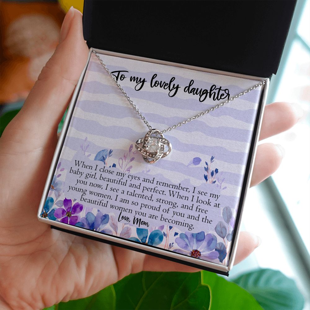 To My Lovely Daughter From Mom, Proud of You Gift, Silver Love Knot Necklace, 14K White Gold with Message Card, Proud of Daughter Gift