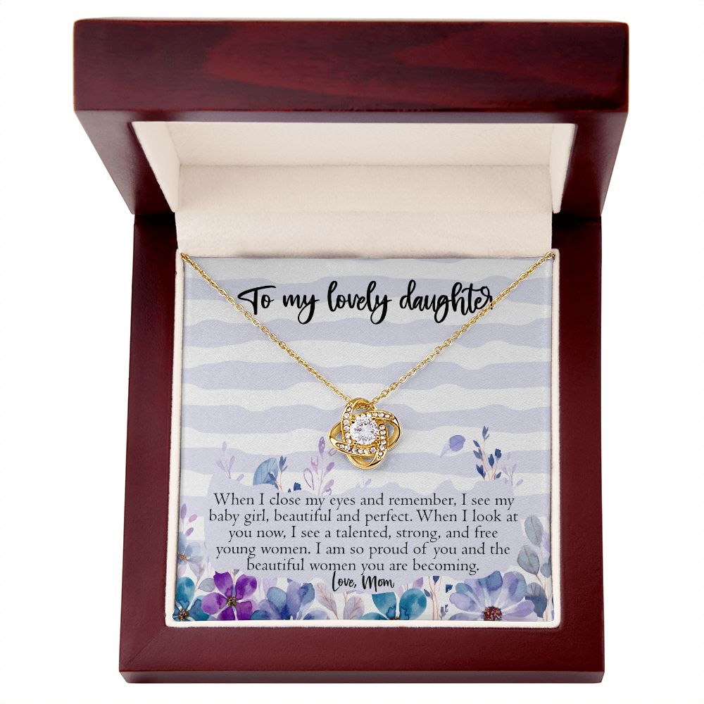 To My Lovely Daughter From Mom, Proud of You Gift, Silver Love Knot Necklace, 14K White Gold with Message Card, Proud of Daughter Gift