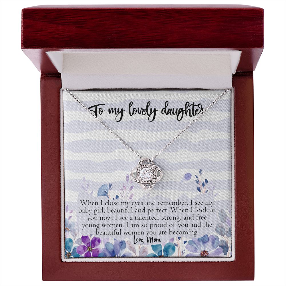 To My Lovely Daughter From Mom, Proud of You Gift, Silver Love Knot Necklace, 14K White Gold with Message Card, Proud of Daughter Gift