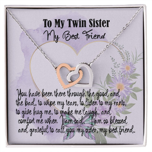 Twin Sister Gift Necklace, My Best Friend, Interlocking Heart Necklace With Message Card, Birthday Gift, Meaningful Gift For Sister