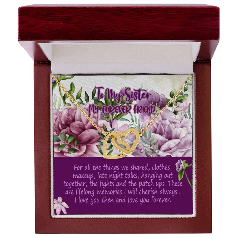 To My Sister, For all the Things we Shared, Interlocking Hearts, Rose Gold or Yellow Gold Finish Necklace With Heartwarming Message Card, Birthday Gift, Meaningful Gift For Sister, From Sis.