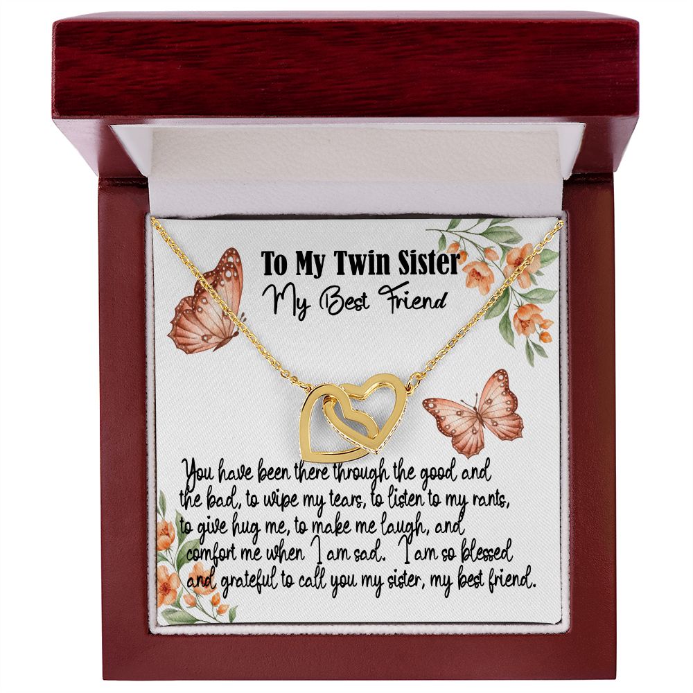 To My Twin Sister, I am so Blessed and Grateful, Interlocking Hearts, Rose Gold & Stainless Steel  or Yellow Gold Finish Necklace With Message Card, Birthday Gift, Meaningful Gift For Sister With Message Card