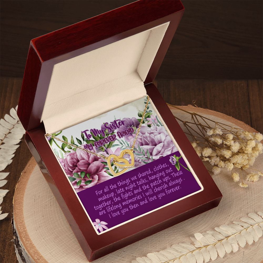 To My Sister, For all the Things we Shared, Interlocking Hearts, Rose Gold or Yellow Gold Finish Necklace With Heartwarming Message Card, Birthday Gift, Meaningful Gift For Sister, From Sis.