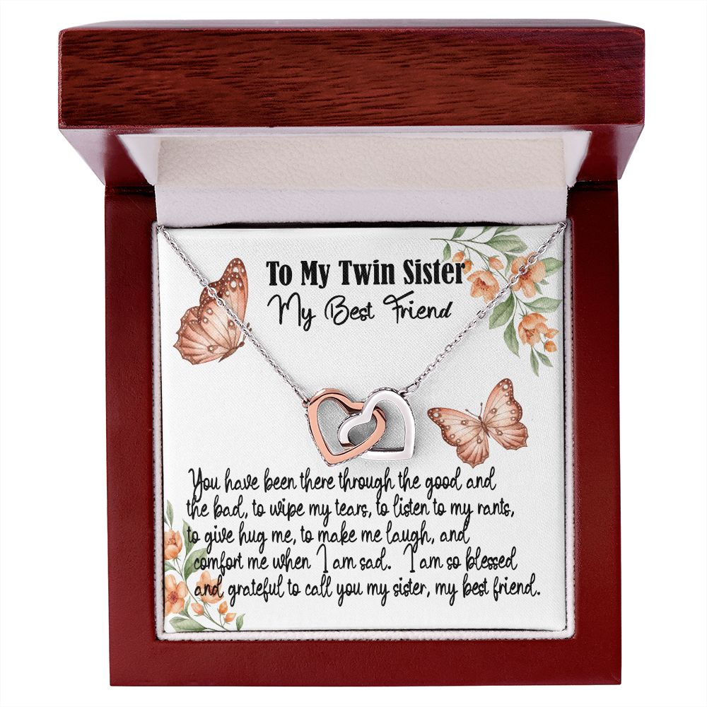 To My Twin Sister, I am so Blessed and Grateful, Interlocking Hearts, Rose Gold & Stainless Steel  or Yellow Gold Finish Necklace With Message Card, Birthday Gift, Meaningful Gift For Sister With Message Card