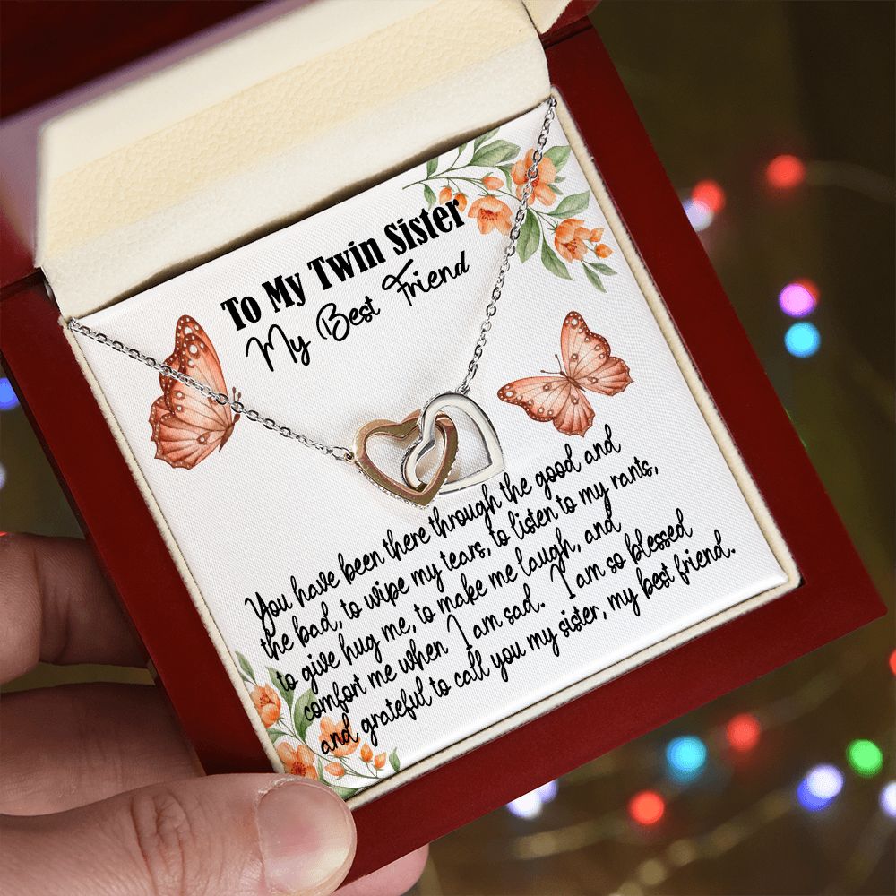 To My Twin Sister, I am so Blessed and Grateful, Interlocking Hearts, Rose Gold & Stainless Steel  or Yellow Gold Finish Necklace With Message Card, Birthday Gift, Meaningful Gift For Sister With Message Card